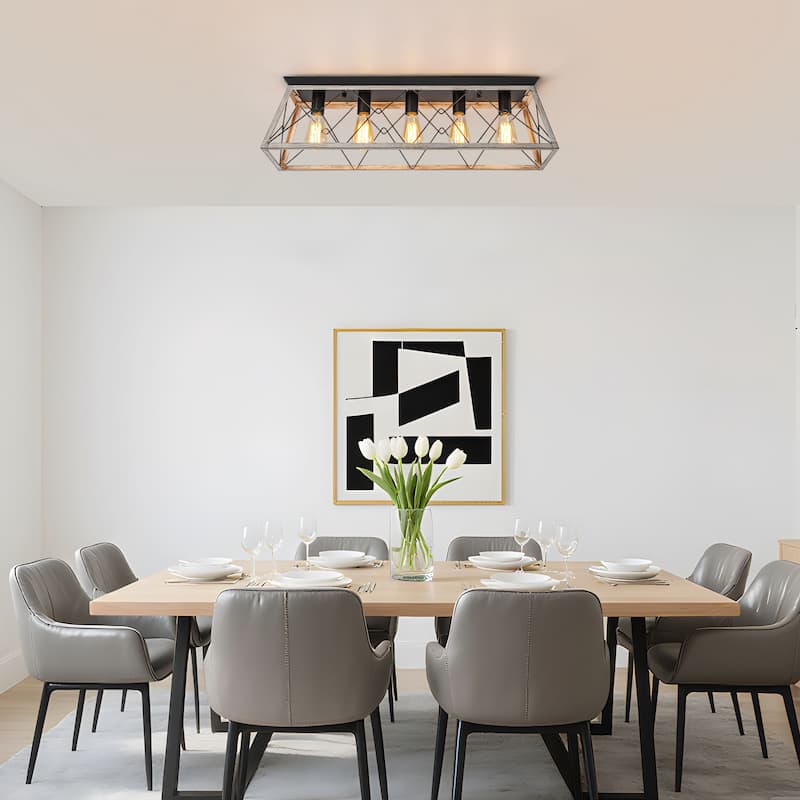 Starsky 5-Light Linear Farmhouse Rectangular Open Cage Flush Mount