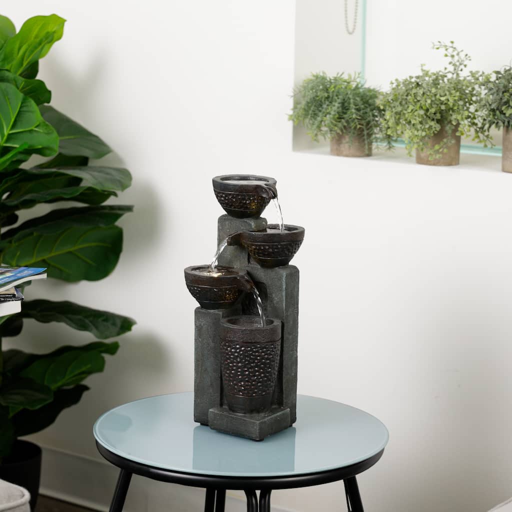 Alpine Corporation TZL412 14" Stoned Jar Cascading Water Fountain with LED Lights for Home, Office, and Desk Decor, Grey