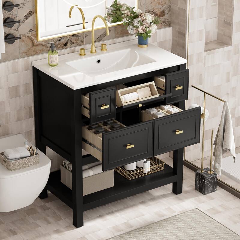 Bathroom Vanity with Ceramic Sink, Bathroom Storage Cabinet with 5 Drawers, Bathroom Vanity Set with Open Shelf - Black