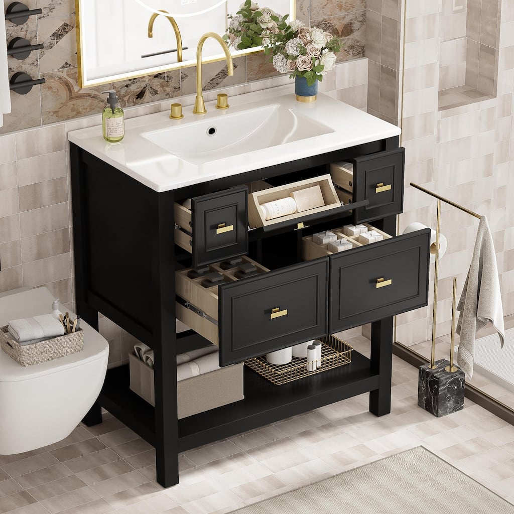 Roomfitters 30" Vanity with Ceramic Sink, Solid Wood Cabinet with 5 Drawers, Modern Freestanding Bathroom Storage Unit