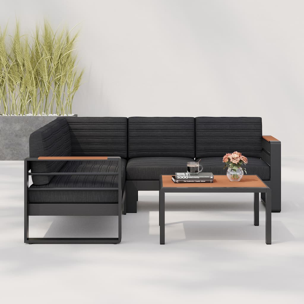Roomfitters Modern Outdoor Patio Sectional Set, Aluminum Frame with Cushions & Wood-Style Table, Weather-Resistant, Black