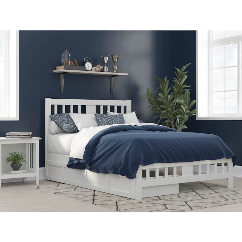 Full Bed with Drawers - White Platform Bed Frame, Solid Wood Bed, Modern Bedroom Furniture