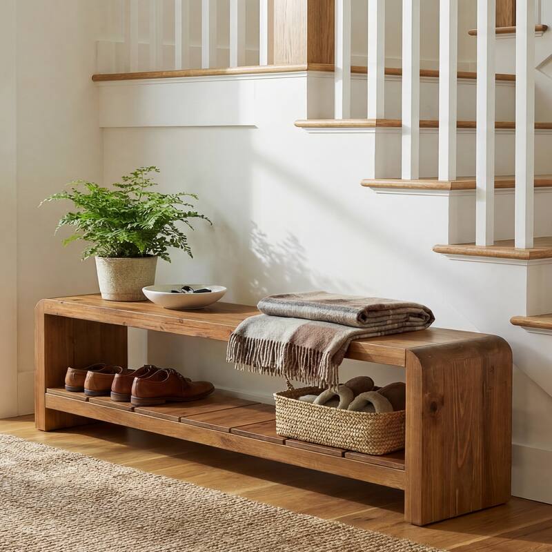 Solid Wood Entryway Bench, 59 Inch Long Shoe Bench with Open Shelf