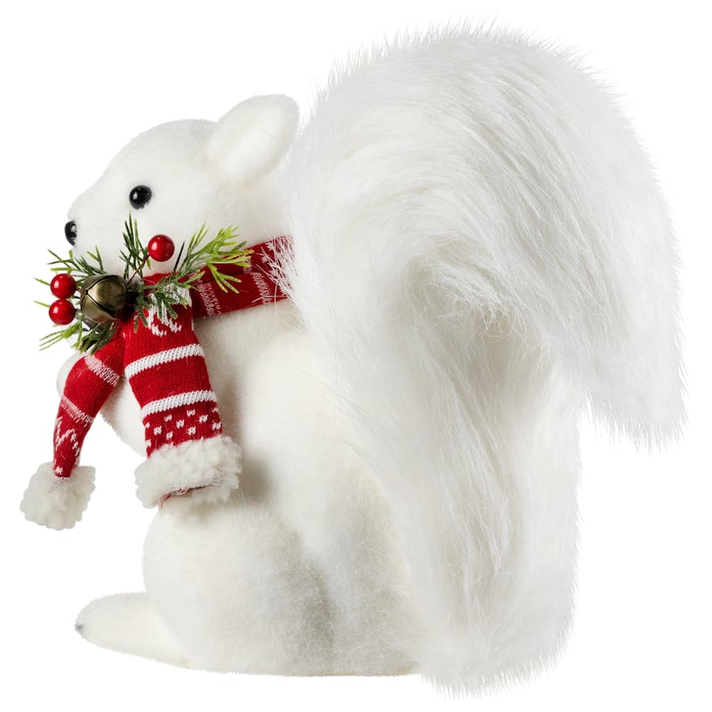Winter Squirrel with Pinecone and Bell Christmas Figurine - 9" - White