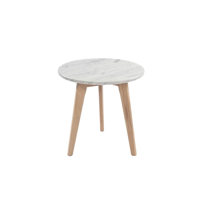 Round Marble Table - 15 Inch White Carrara Stone Top, Walnut Wood Legs, Modern Accent Table - 20
