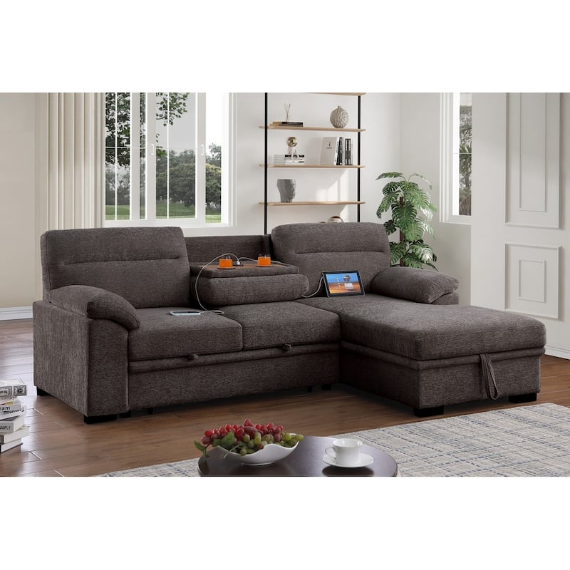 Kipling II 94"W Chenille Fabric Sleeper Sectional Sofa with Right-Facing Chaise, Cupholders, USB Charging port