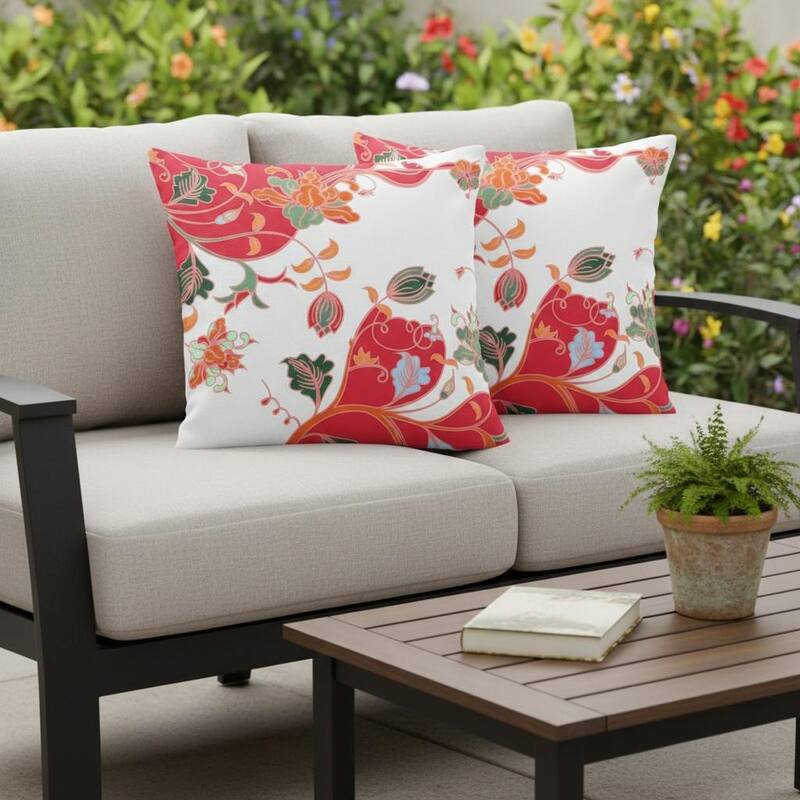 HomeRoots Set of Two 16" X 16" Red and White Blown Seam Floral Indoor Outdoor Throw Pillows - 16.00' X '16.00' X '5.00 - Red/White - 16.00' X '16.00' X '5.00