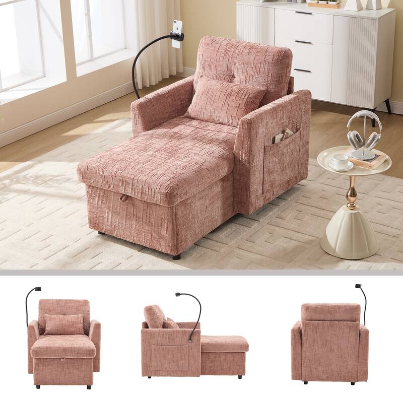 HOMEFUN Chenille Upholstered Storage Lazy Single Leisure Chair Sofa with Phone Holder