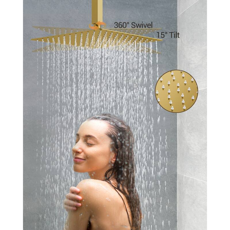Shower System 12" Ceiling Rain Shower Head with 3-Way Thermostatic Faucet & Body Jets