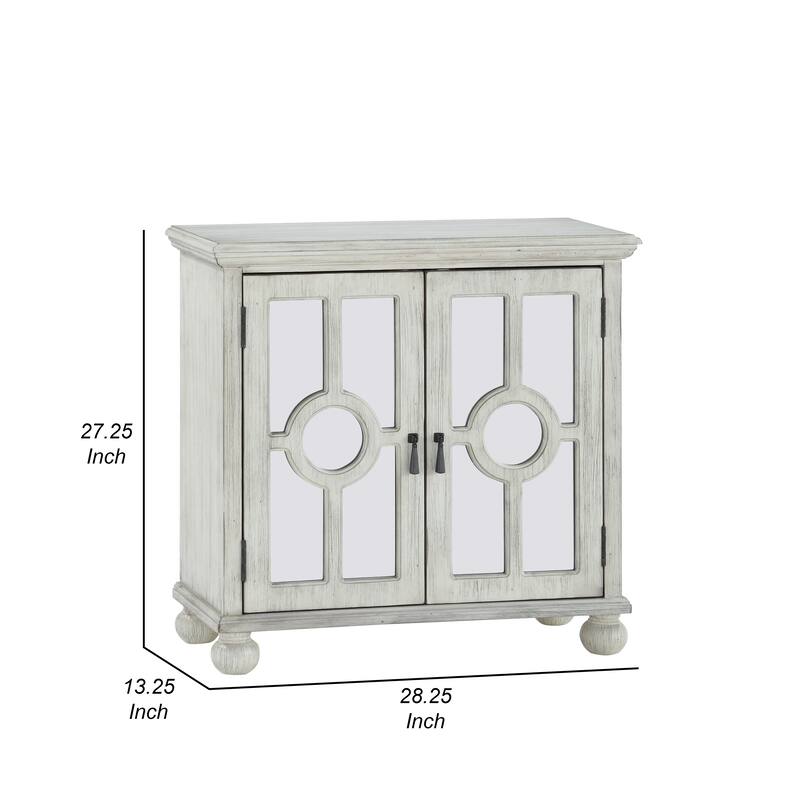 Anik Accent Cabinet, 2 Mirror Inlaid Glass Door, Antique White Wood