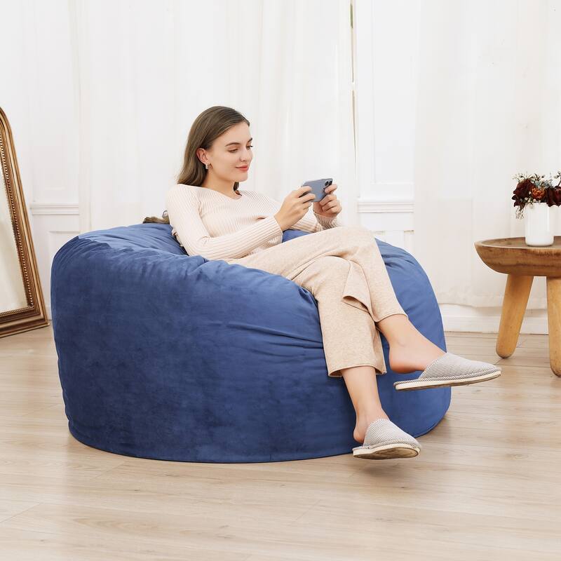 Bean Bag Chair 4FT Foam Filled, Removable Velvet Cover, Giant Bean Bag Chairs, Round Sofa Chair for Bedroom Gaming Room - Blue - Medium