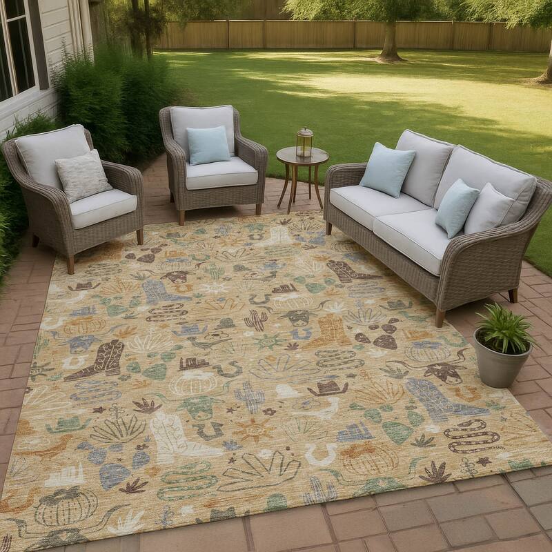 Machine Washable Indoor/ Outdoor Modern Ranch Chantille Rug - Gold - 10' x 14'