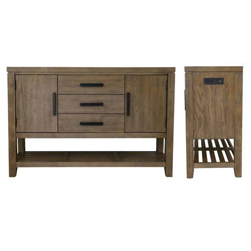 Extendable Dining Table Set with Storage Server & 4 Chairs - Brown Acacia Wood