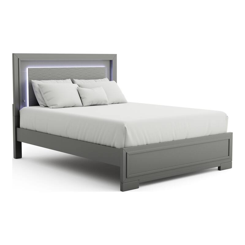 Lalt Contemporary Metallic Grey Wood LED Lighting Panel King Bed by Furniture of America