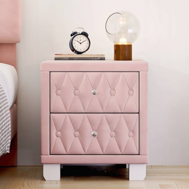 Elegant Velvet Nightstand with 2 Drawers and Crystal Handle