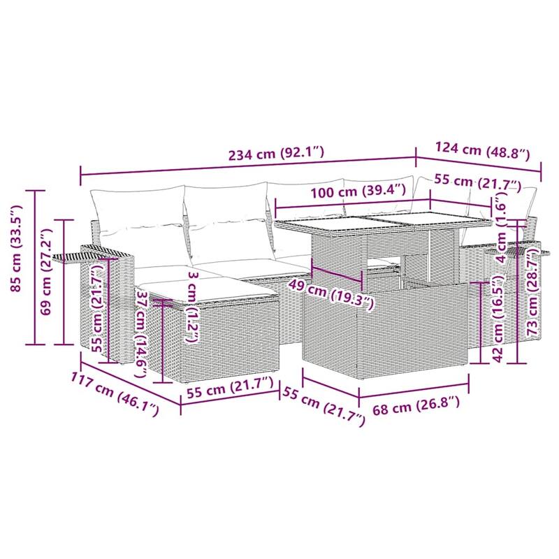 vidaXL Patio Sofa Set with Cushions Table and Couches 7 Piece Poly Rattan
