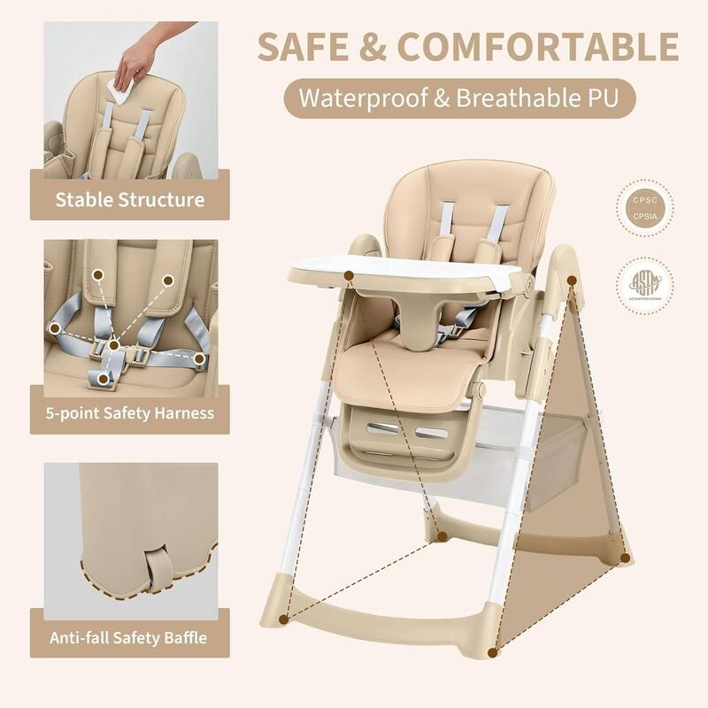 Adjustable Backrest Foldable High Chair for Babies & Toddlers, Kahki