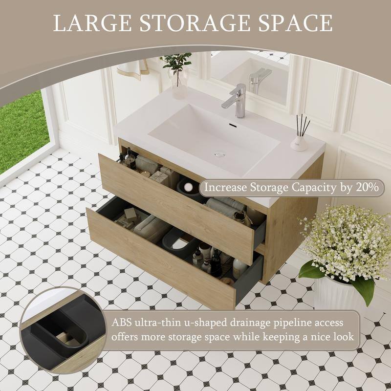 ABRUZZO 36" Floating Single Bathroom Vanity Wall-Mounted with Integrated Resin Top Basin 2 Soft Close Drawers Full Assembly