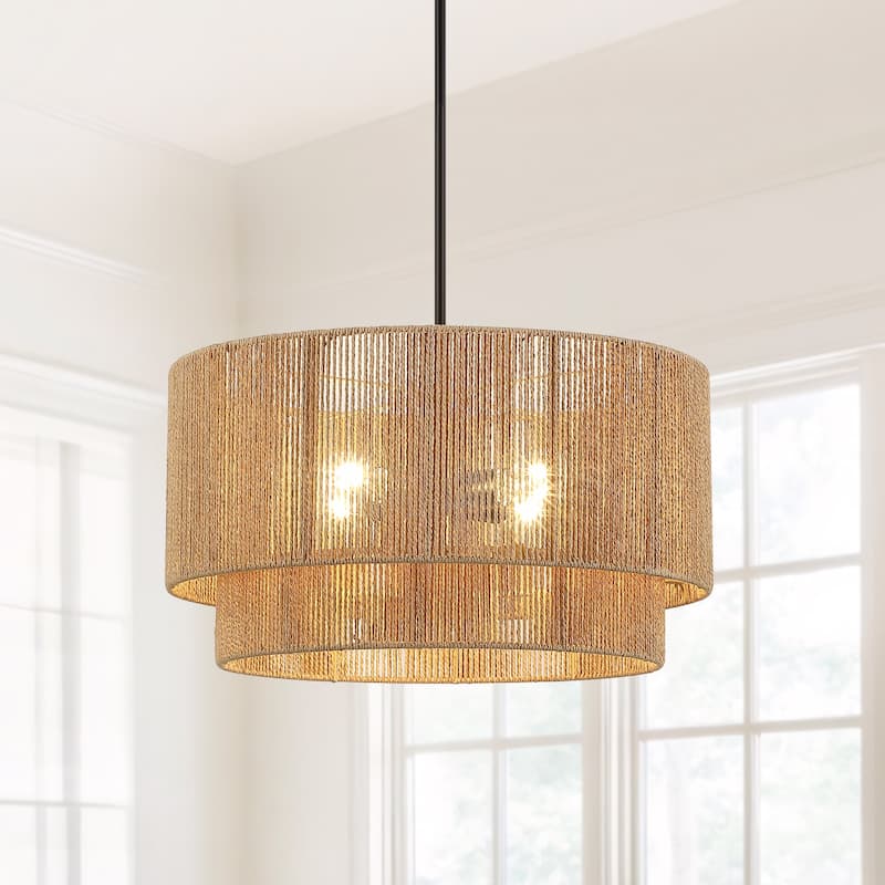Cynthia 4-Light Natural Rattan Drum Chandelier Light - 22''W - Natural