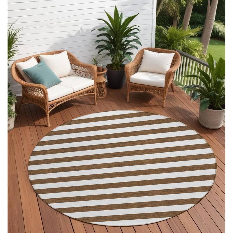 Almosi Stripe Weather Resistant Blended Style Outdoor Rug - 8' Round - Chocolate
