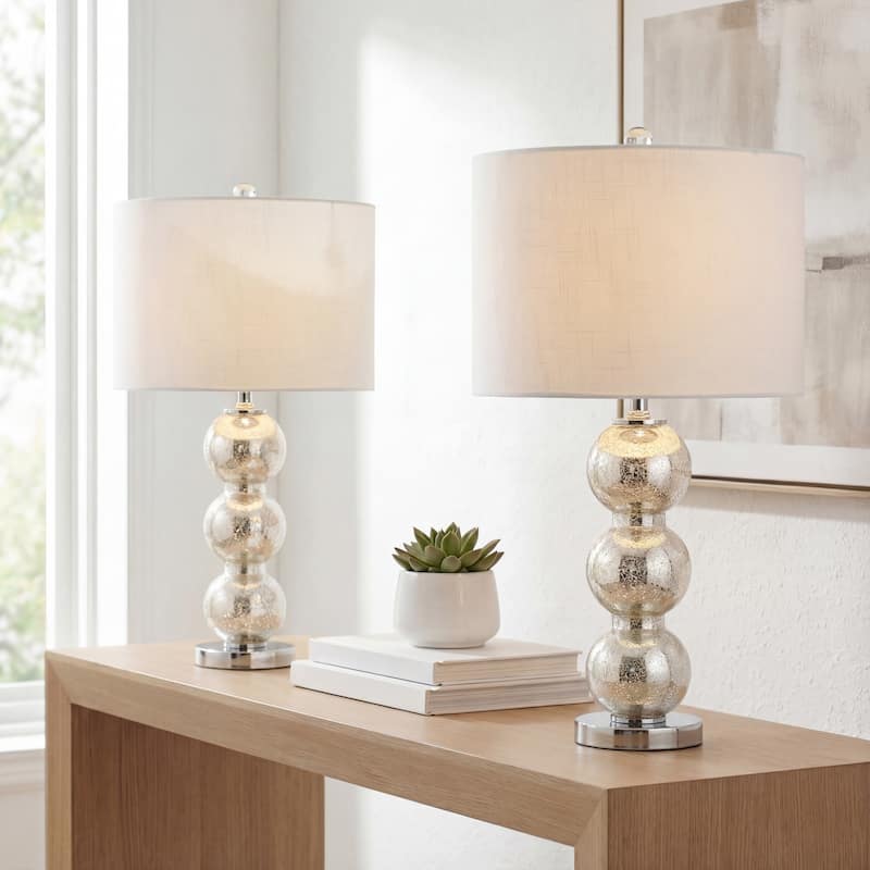 Ella 27" Glass Triple-Sphere LED Table Lamp, Mercury Silver/Chrome (Set of 2) by JONATHAN Y - Mercury Silver