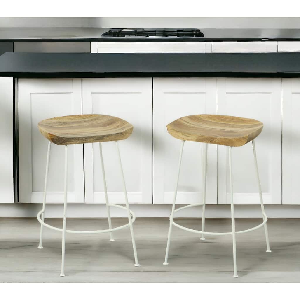 HomeRoots Set of Two 25" Natural And White Steel Backless Counter Height Bar Chairs