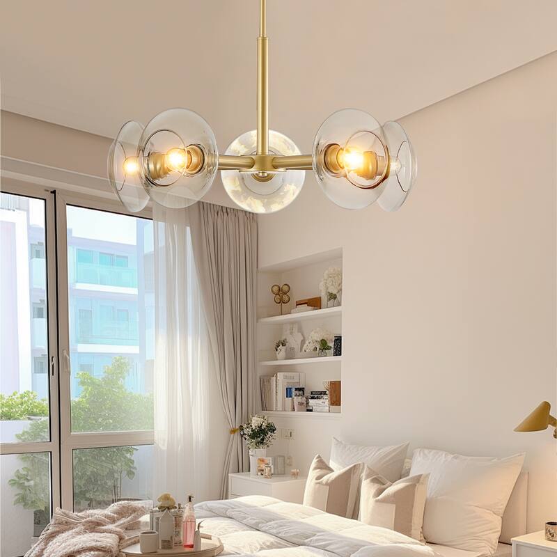 Mid-Century Chandelier, 5-Light Gold Chandelier with Clear Glass Shades, for Dining Room, Kitchen Island and Living Room