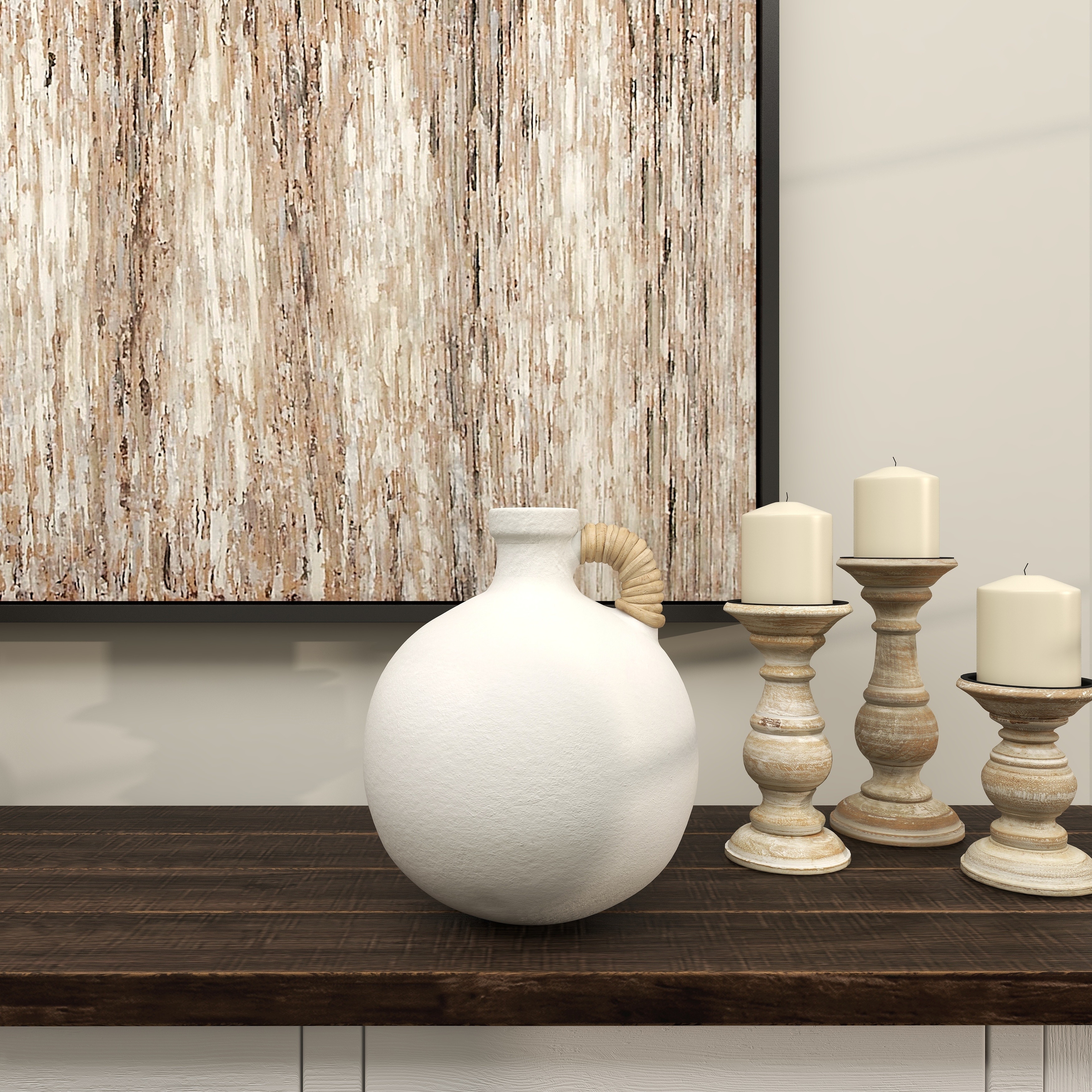 White Ceramic Jug Inspired Vase with Rattan Wrapped Handle