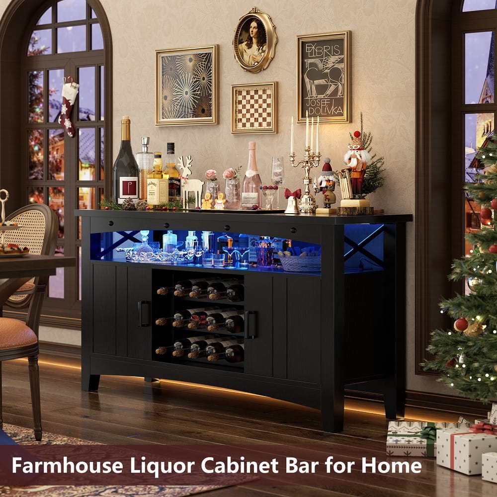 Farmhouse 47" Wine Bar Cabinet with Power Outlets & LED Lights, Industrial Coffee Bar Liquor Cabinet with Shelves & Wine Rack