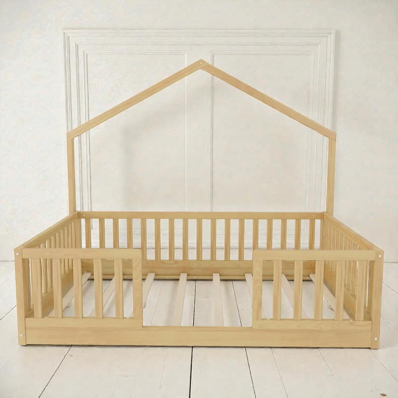 Wood Floor Bed with High Guardrails and LED Light, Montessori Style Low Profile Bed for Kids
