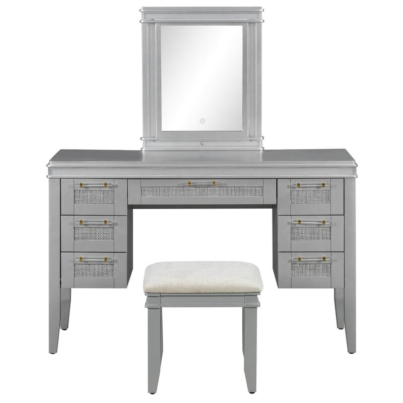 LED Dressing Table & Upholstered Stool Set of 2, 48" Makeup Vanity Desk with Mirror and Lights