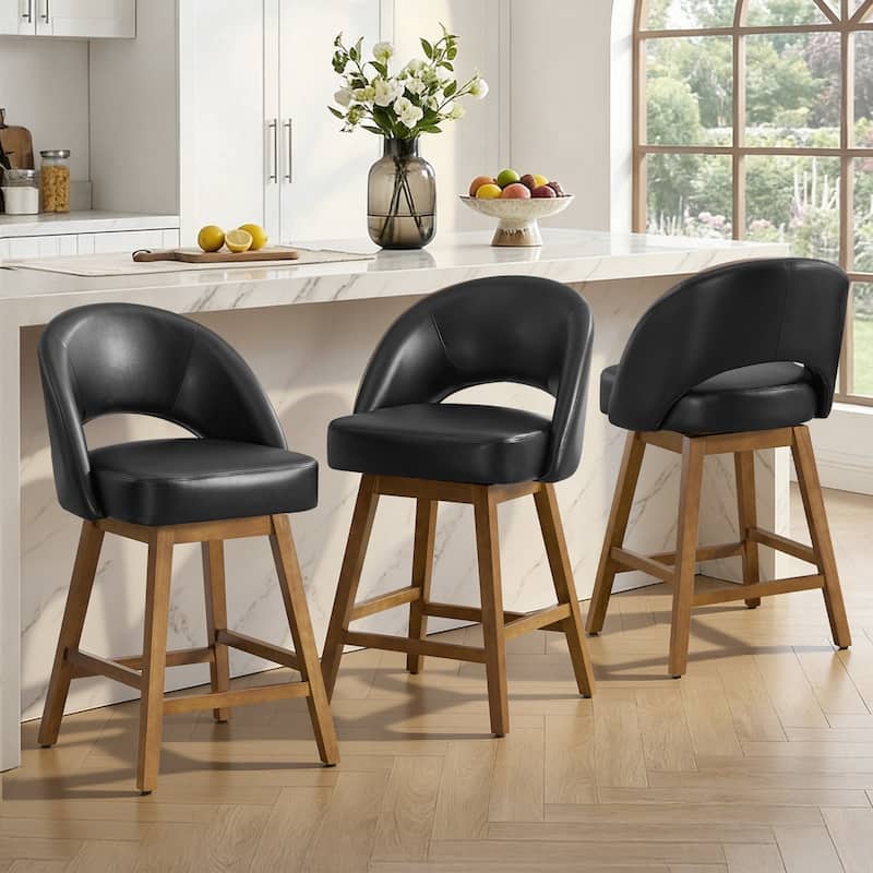 Upholstered Swivel Counter Height Bar Stools with Cutout Back and Solid Wood Frame - 38.2"H x 22.1"W x 23.6"D - Set of 3 - Black