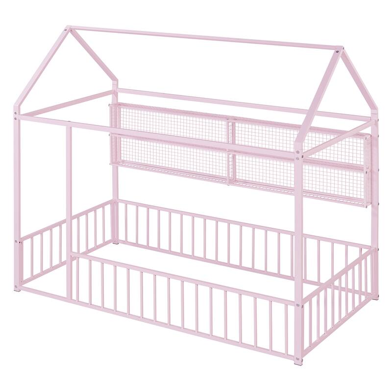 Full Size Metal House Bed Frame with Built-In Grid Shelves, Playful Canopy Design and Space-Saving Storage