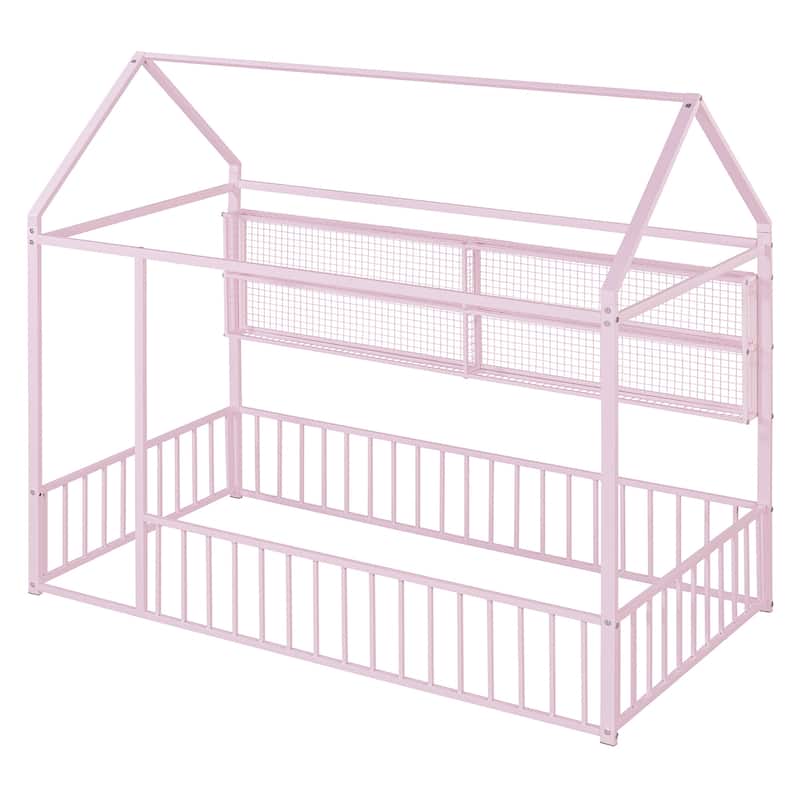 Twin Size Metal House Platform Bed Frame with Storage Shelves,Fence and Shelves