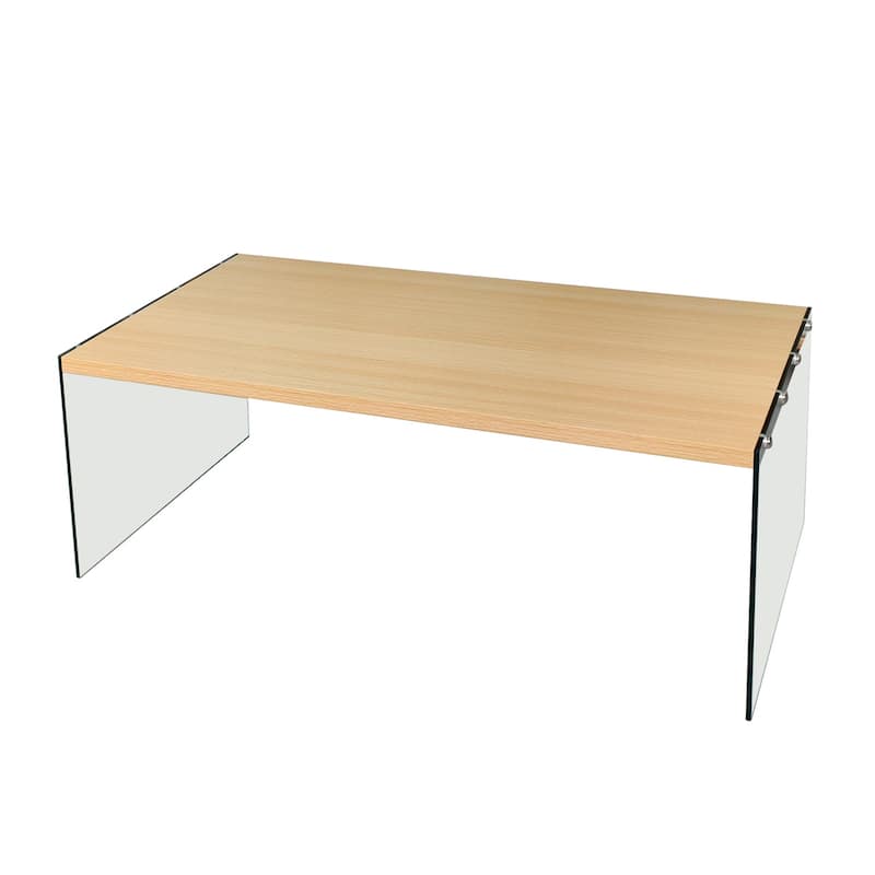 Modern Rectangular Wood-tone Coffee Sofa Side Table with Tempered Glass Legs