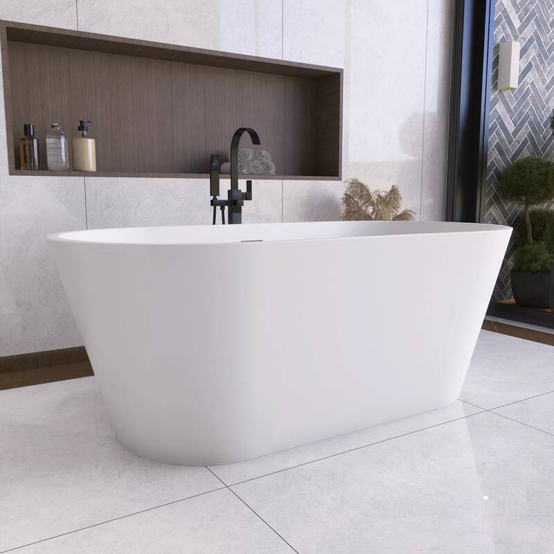 63 Inch Solid Surface Stone Resin Freestanding Soaking Bathtub in Matte White