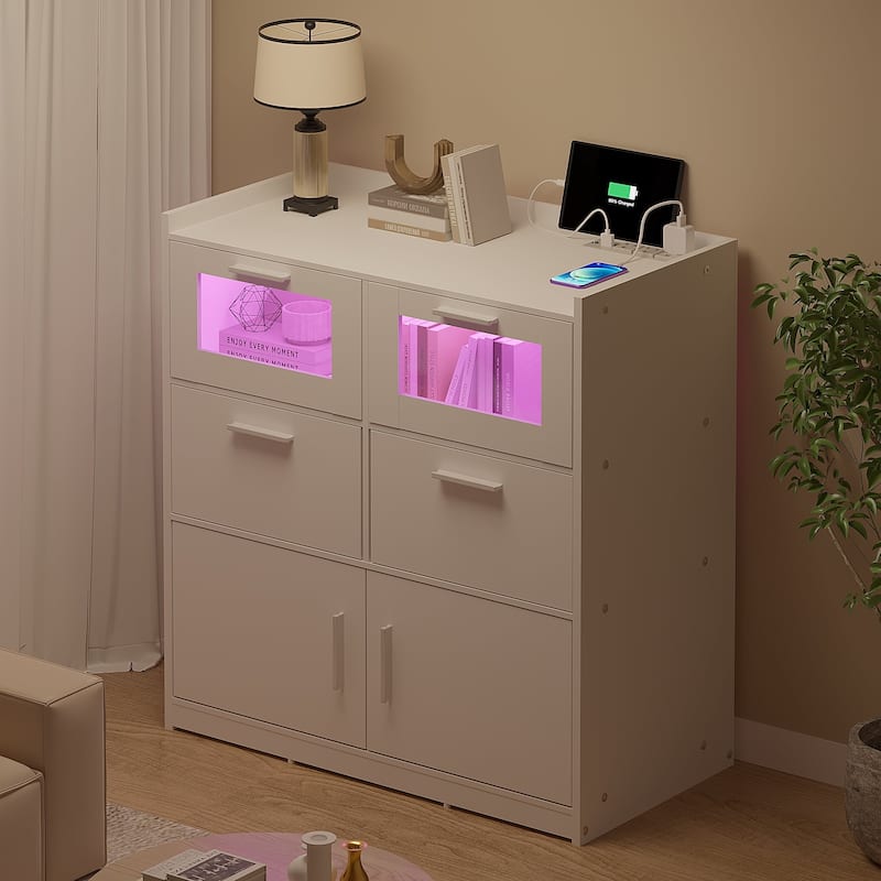 Javlergo 6 Drawers Double Dresser for Bedroom, Wood Chest of Drawers Storage Cabinets with Charging Station and LED Lights