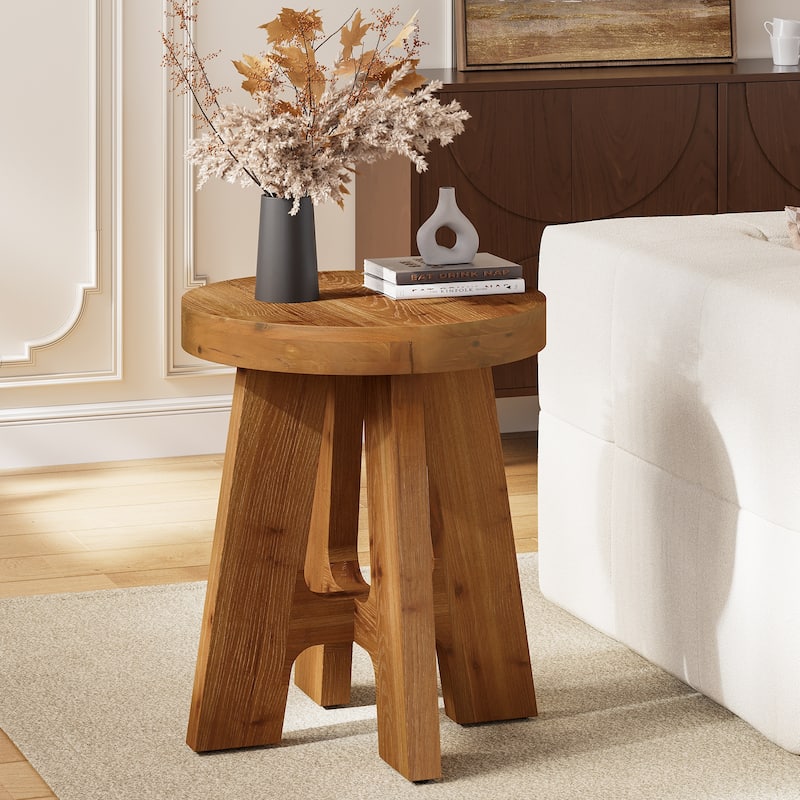 Round Solid Wood End Table, Couch Side Bedside Accent Table for Bedroom Living Room