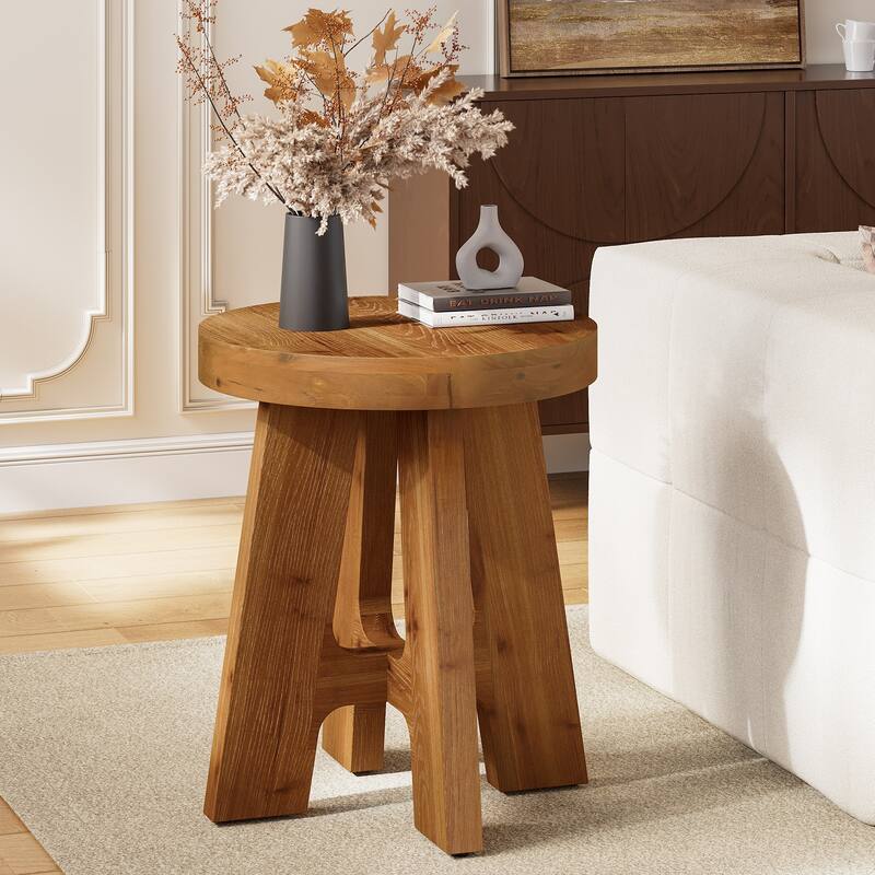 Solid Wood Round End Table, Farmhouse Small Round Side Table