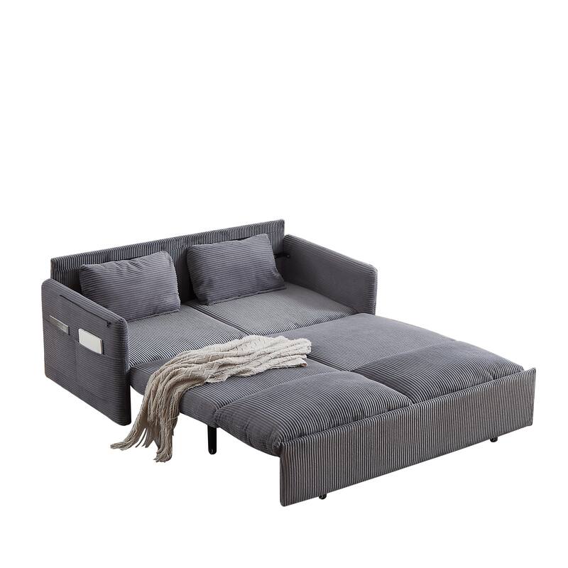 65" Corduroy 2-Seater Sleeper Sofa, 3-in-1 with Storage and Side Pocket