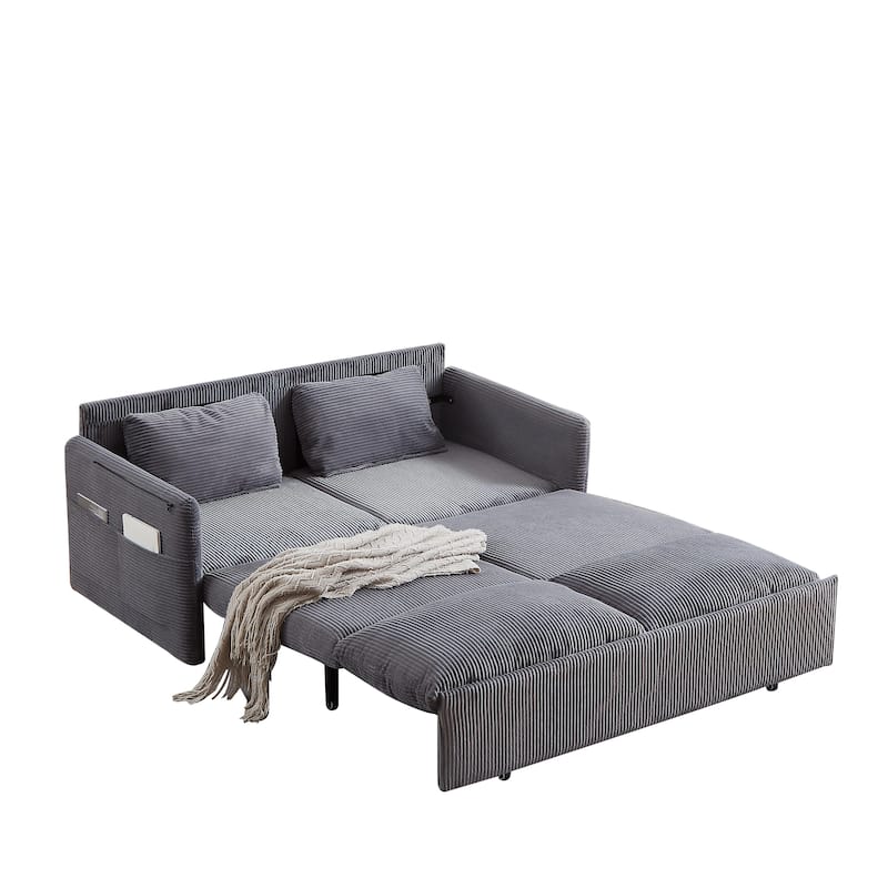 65" Corduroy 3-in-1 2-Seater Sleeper Sofa with Loveseat Side Storage Pocket, High-Density Sponge Cushions