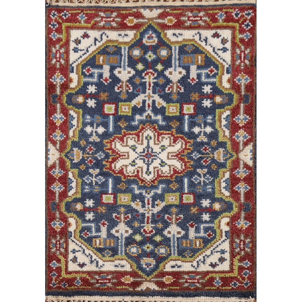 Blue Geometric Kazak Indian Accent Rug Handmade Wool Carpet - 2'0" x 3'0"