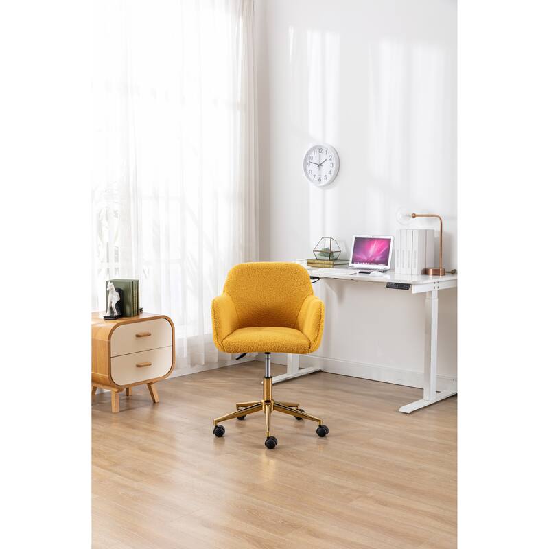 Modern Teddy Fabric Material Adjustable Height 360 Revolving Home Office Chair with Gold Metal Legs, for Indoor, Yellow