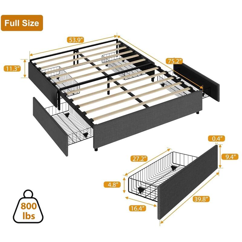 Platform Bed Frame, Fabric Upholstered with 4 Storage Drawers