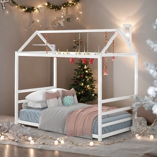 House Platform Twin Bed with Roof and Chimney Design, Sturdy Metal Frame
