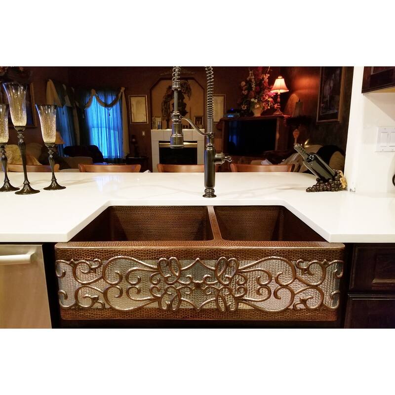 33-in Hammered Copper Apron Front 60/40 Double Basin Kitchen Sink w/ Scroll Design and Nickel Background (KA60DB33229S-NB)