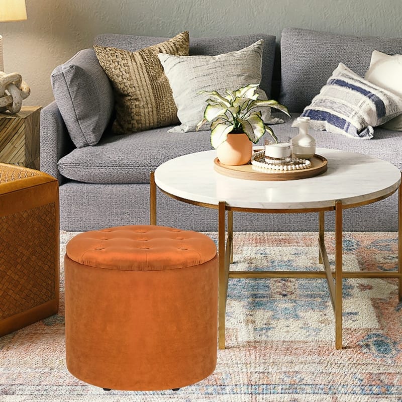 Adeco Round Storage Ottoman Footrest Stool With Removable Lid