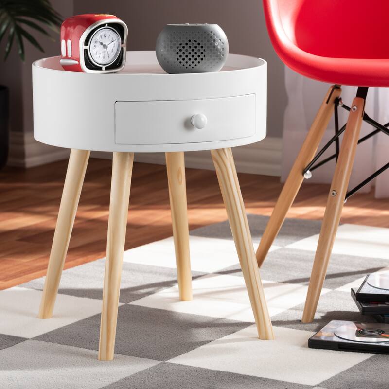 Modern Round Nightstand - White Bedside Table with Drawer - Mid Century Style Accent Furniture