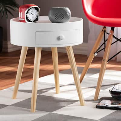 Modern Round Nightstand - White Bedside Table with Drawer - Mid Century Style Accent Furniture