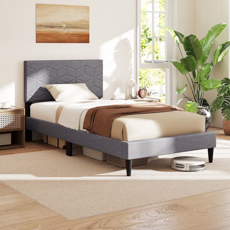 Gray Twin Size Upholstered Platform Bed Frame with Linen Headboard and Low Profile Modern Design